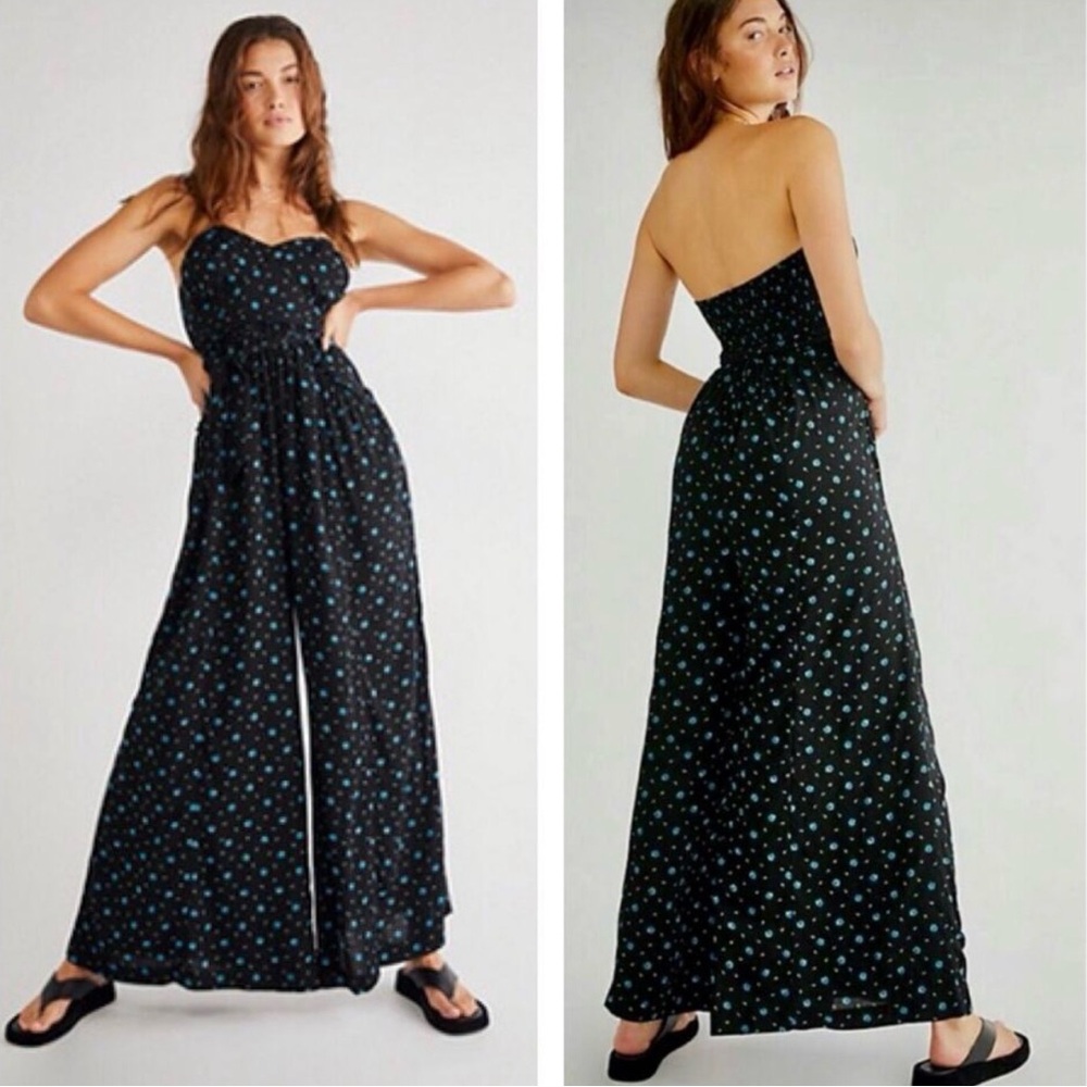 Free People Large L Jumpsuit Black Blue Floral Pockets Flowy